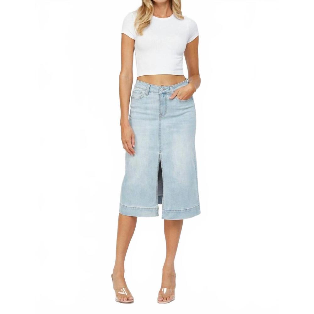 NEW MICA DENIM light wash denim midi skirt in blue